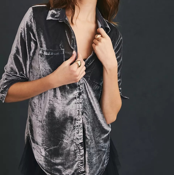 Anthropologie Tops - Pilcro Relaxed Gray Soft Velvet Buttondown Shirt Beautiful